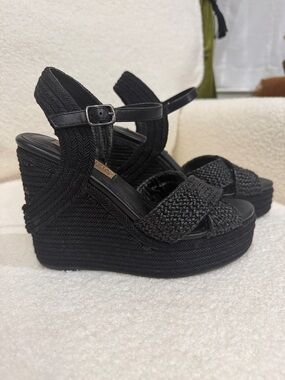Black Braided Platform Wedge Sandals with Ankle Strap - Women's